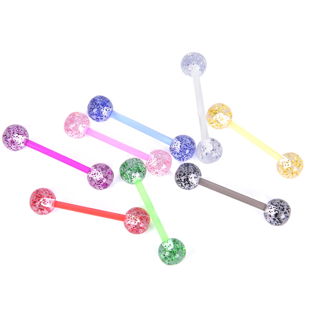 8PCS/Set Colorful Glitters Tongue Rings Acrylic Soft Rod Barbell Ball Tongue Stud Piercing Jewelry