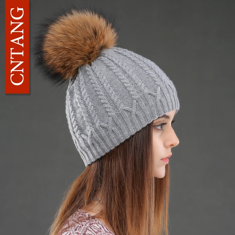 Women Double Deck Knitted Wool Hat Winter Natural Raccoon Fur Warm Caps Female Pom Pom Hats Ladies Fashion Skullies Beanies Cap