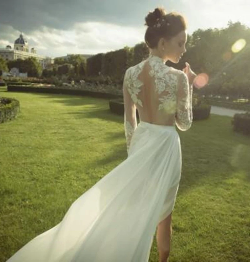 Robe De soirée De mariage en mousseline De soie, ligne a, col haut, dentelle, Vintage, transparente, fendue, à la mode