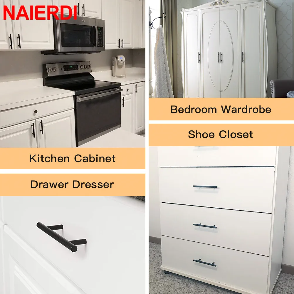 NAIERDI Stainless Steel Straight Cupboard Handles Knobs Brushed Black Gold Kitchen Door Handles Cabinet Pull Furniture Handle