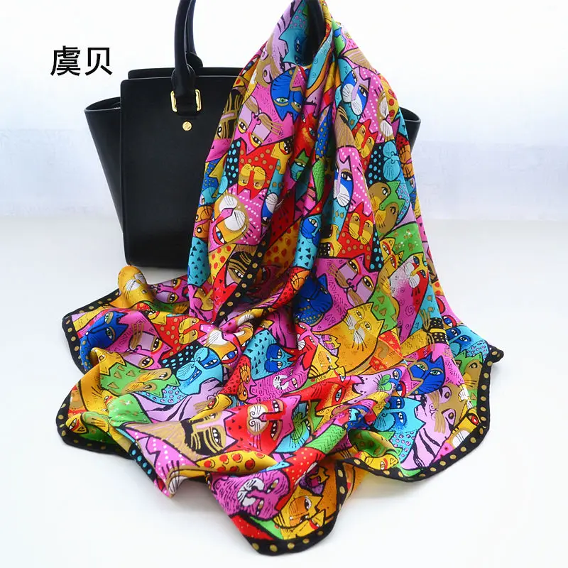 Cartoon cat 100% real natural silk scarf for girl and woman scarves gift spring autumn winter square scarves female wrap 85*85cm