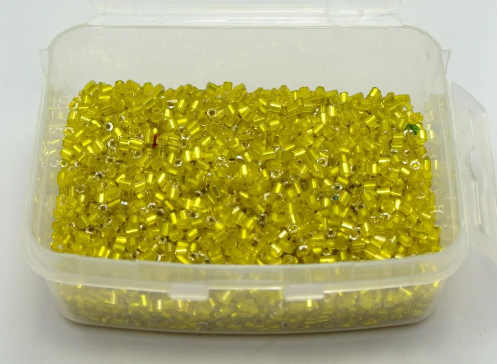 5000 Glass Tube Bugle Seed Beads 2X2mm Yellow Silver-Lined + Storage Box