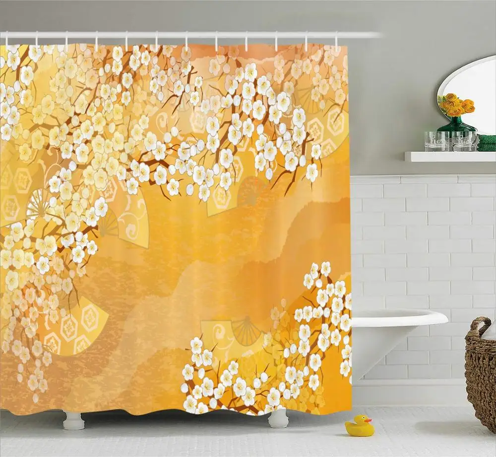 Japanese Cherry Blossom Sakura Tree Branches Ethnic Ancient Blooms Artwork Cloth Fabric Bathroom Decor Set Marigold and Cream