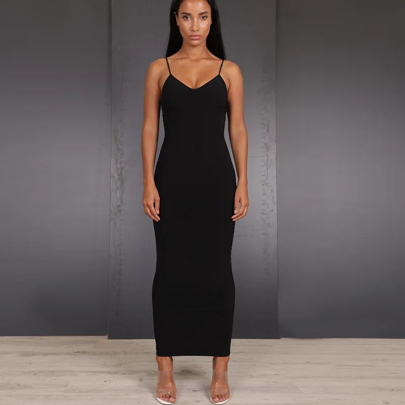 2019 New Sexy Mulheres Spaghetti Strap Vestido de Verão Camadas Duplas de Algodão V Pescoço Bodycon Vestido Longo Backless Praia Maxi Ocasional vestido