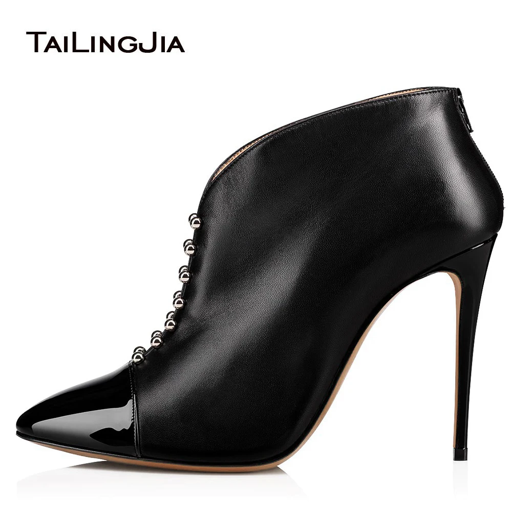 

Pointed Toe High Heel Studs Ankle Boots Women Black Heeled Studded Short Booties Lady Spring Autumn Heels Shoes Large Size 2022