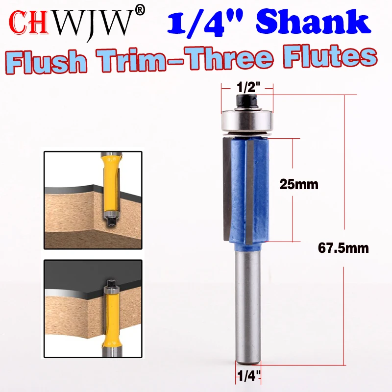 

Концевая фреза с 3 канавками, хвостовик 1/4 дюйма, концевые подшипники 1/2 дюйма Ш X 1 дюйм H для деревообработки, фрезы для деревообработки, Chwjw, 1 шт.