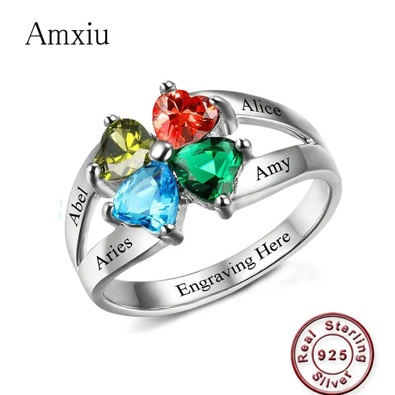 

Amxiu Engrave Four Names 925 Sterling Silver Rings Jewelry Custom Heart Birthstones Rings For Family Friends Anniversary Rings