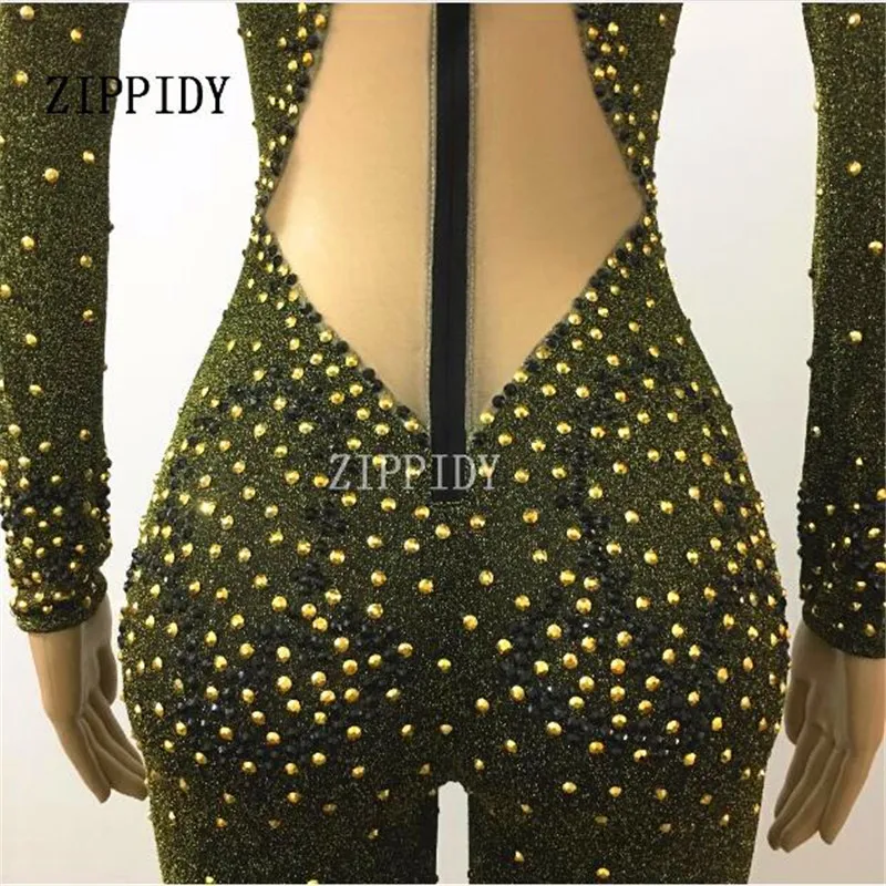 Black Gold Stones Stretch Jumpsuit Bling Rhinestones Sexy Rompers Costume Women\'s Evening Party Wear Birthday Celebrate Outfit