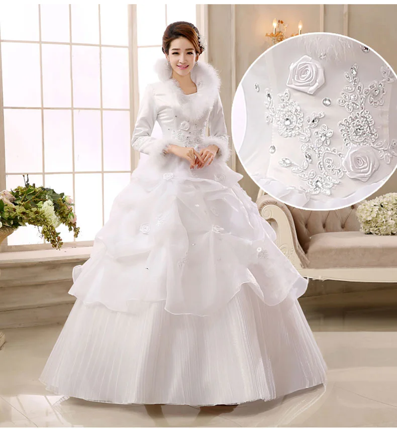 Winter Warm Organza Wedding Dresses Ball Gown Muslim Wedding Gowns Long Sleeves