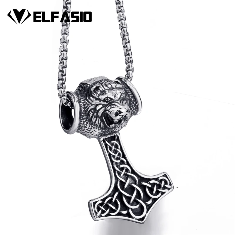 

Elfasio Men Celtic Knot Thor's Lion Hammer SIlver/Gold Stainless Steel Pendant Necklace Chain