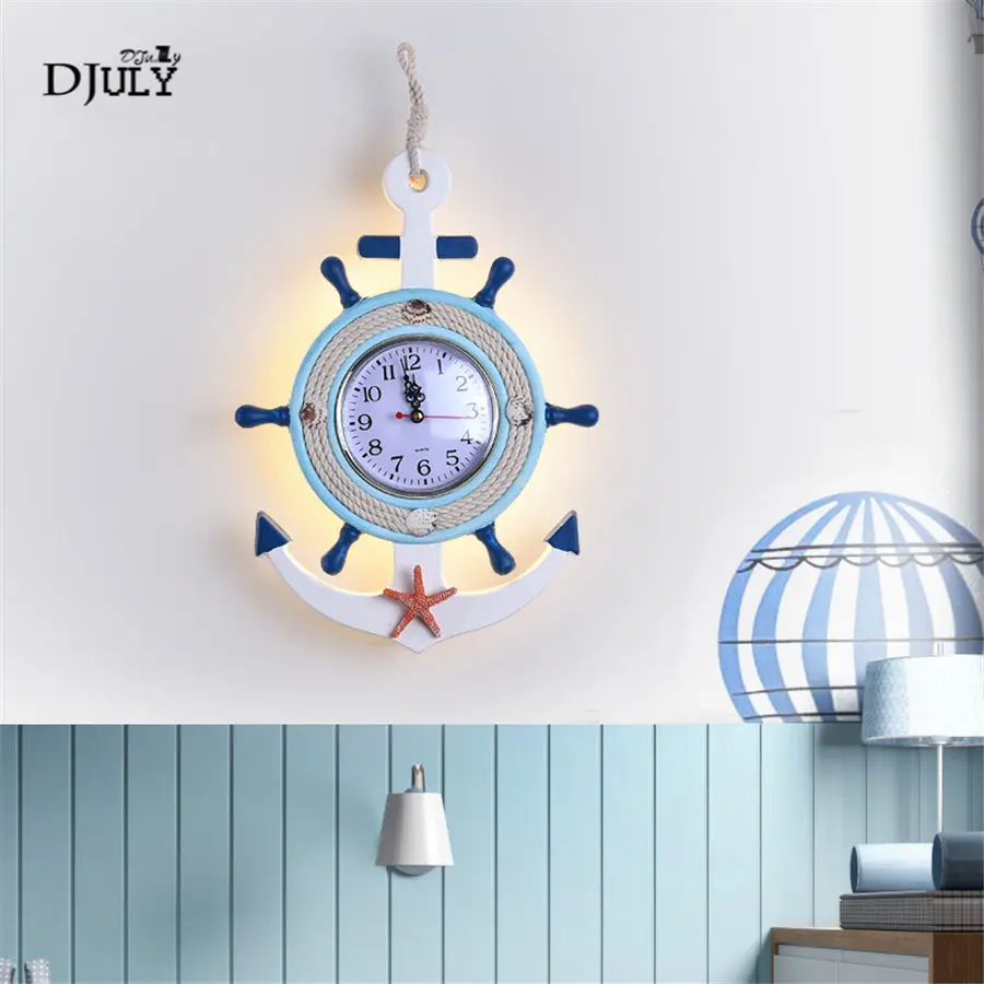 

Mediterranean Anchor clock led wall lamp for children bedroom bedside living room creative stairs led light wood wall sconces