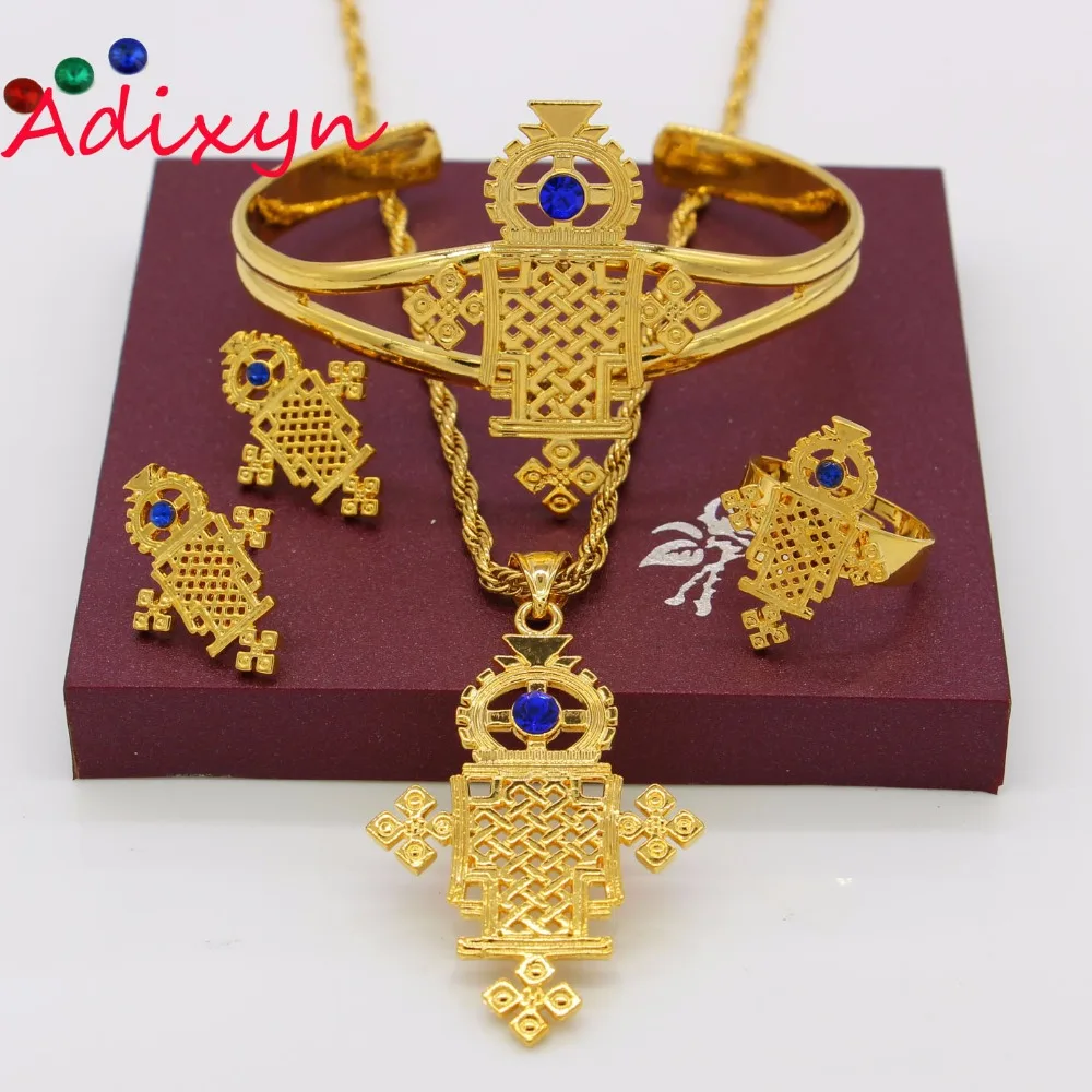 Adixyn Ethiopian Cross Traditional Jewelry Set Necklace/Pendant/Earrings/Ring/Bangle Gold Color Crystal Eritrea Party Gifts