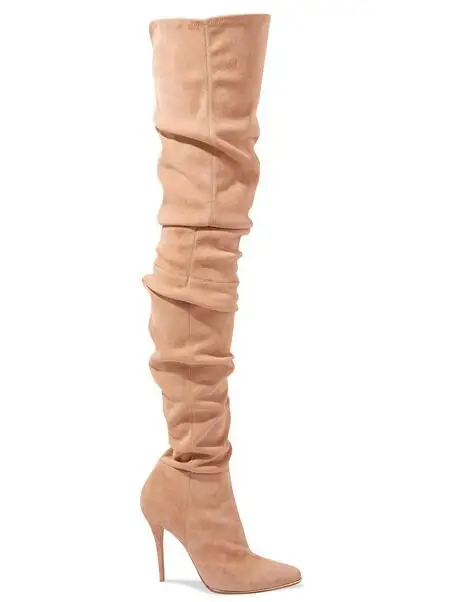 Botas por encima de la rodilla de ante para mujer, ajustados con cremallera lateral Botines altos, tacón alto puntiagudo, color Beige y gris, oferta