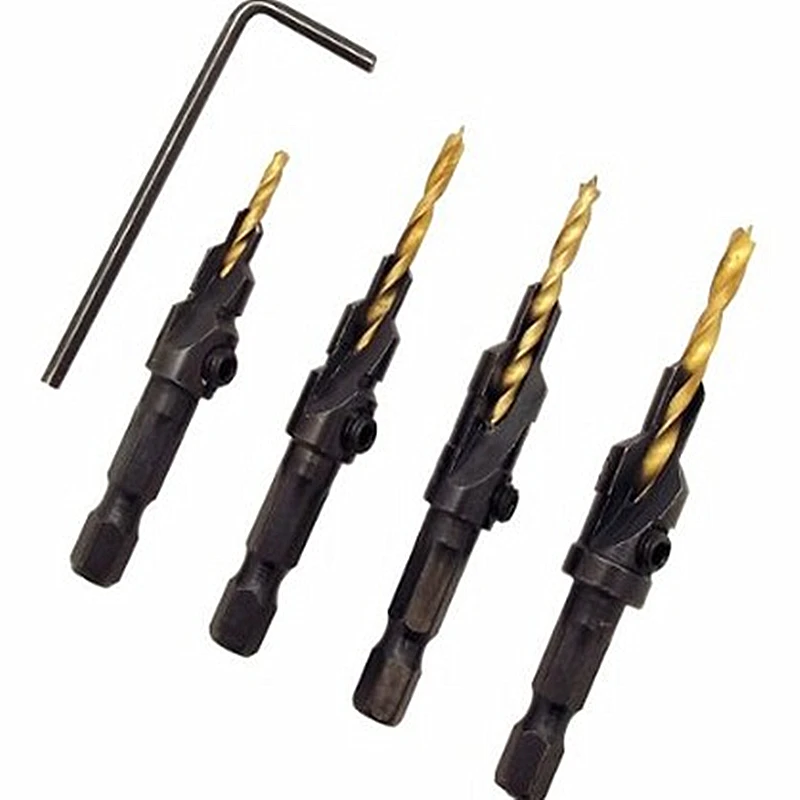 4Pcs HSS 1/4 Hex Shank ไทเทเนียมไทเทเนียมเจาะ Tapper เครื่องมือ Woodworking Pilot รูขนาด #6 #8 #10 #12 1ประแจ