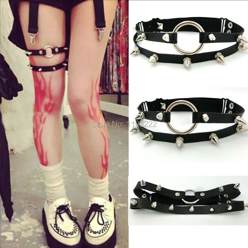 

Sexy Fashion Punk Rock Rivets Studs Bullet O Round Leather Leg Garter BELT Elastic Back Adjustable LOOP RING Suspenders