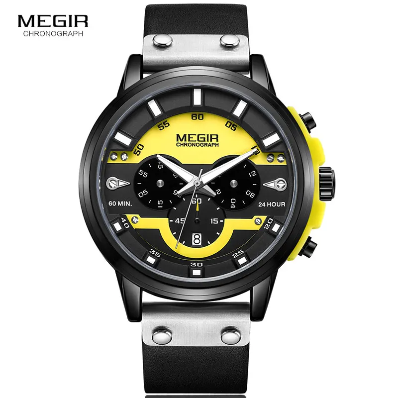 MEGIR 24 Hours Chronograph Quartz Watches Waterproof Casual Leather Wristwatch for Man Luminous Hands Sports Watch 2080 Yellow