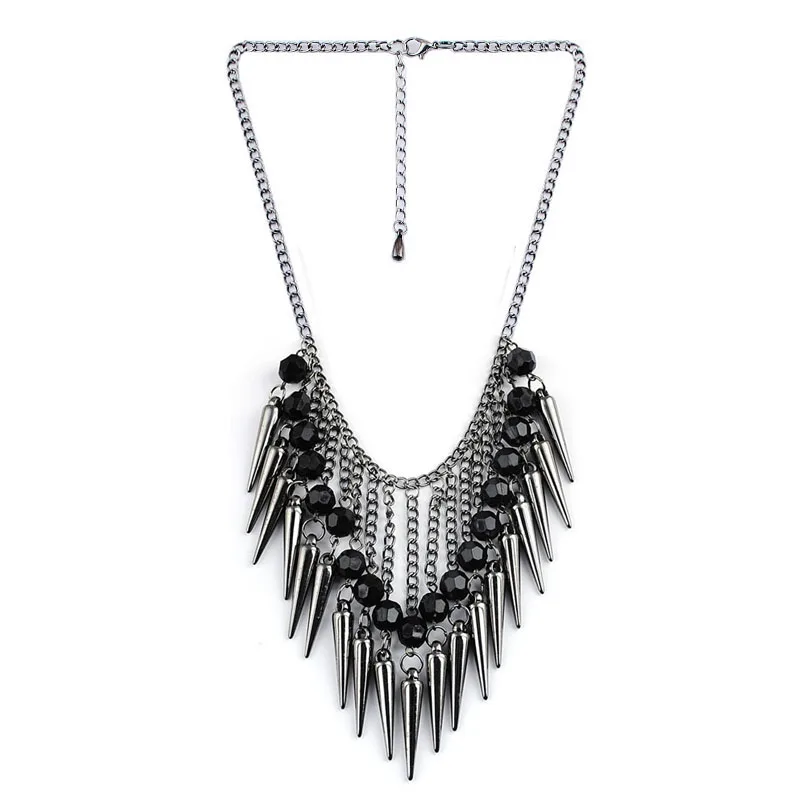 Summer Hot Trendy Necklace Dark Color Plated Chain Hanging Acrylic Beads Rivet Tassel Jewelry Accessories Women