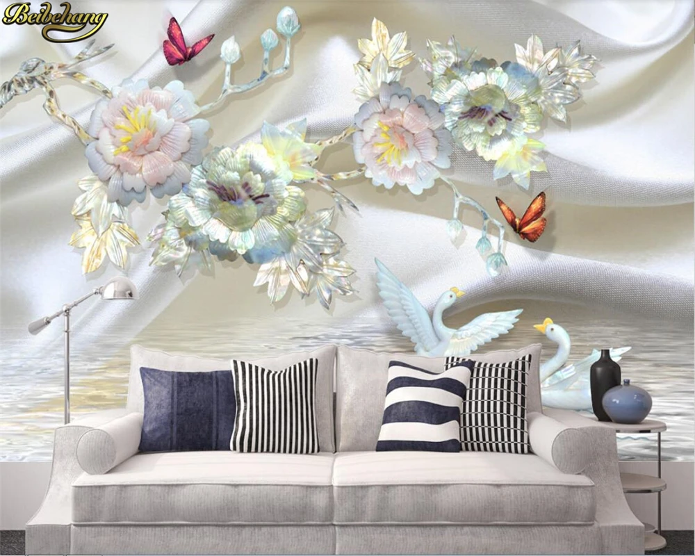 

beibehang Custom Photo Wallpaper Mural 3d Luxury European Silk Pearl Flower Swan TV Background Wall papel de parede 3d