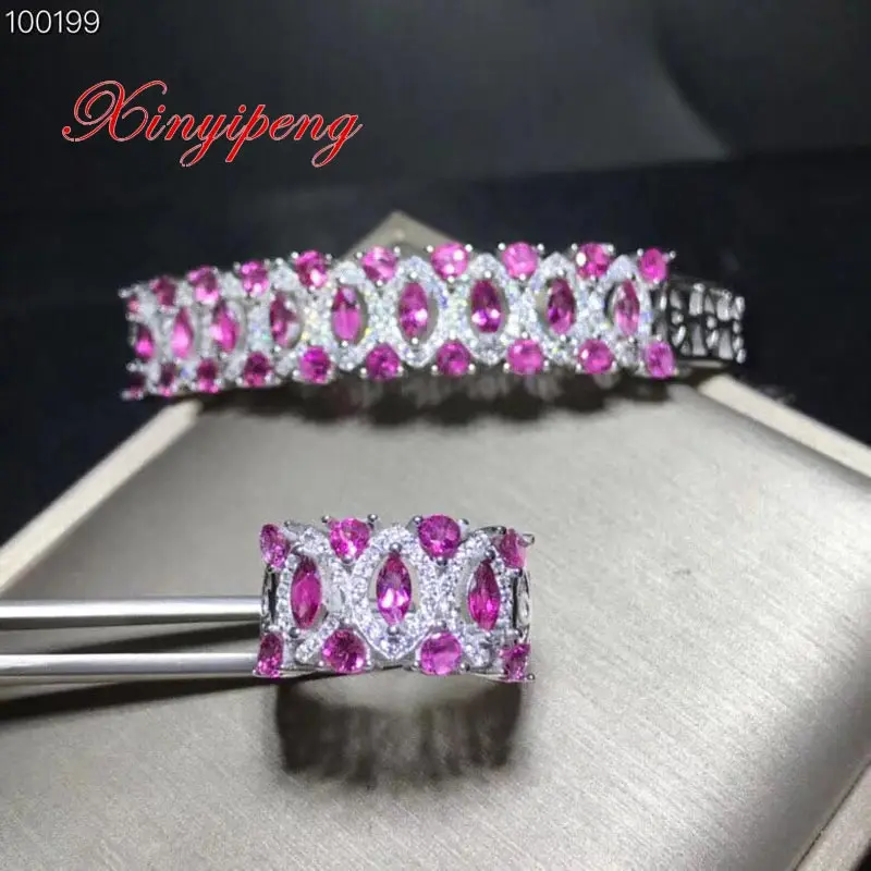 

Xin yi peng 925 silver inlaid natural tourmaline bracelet ring set, women jewelry, fashion, anniversary gift