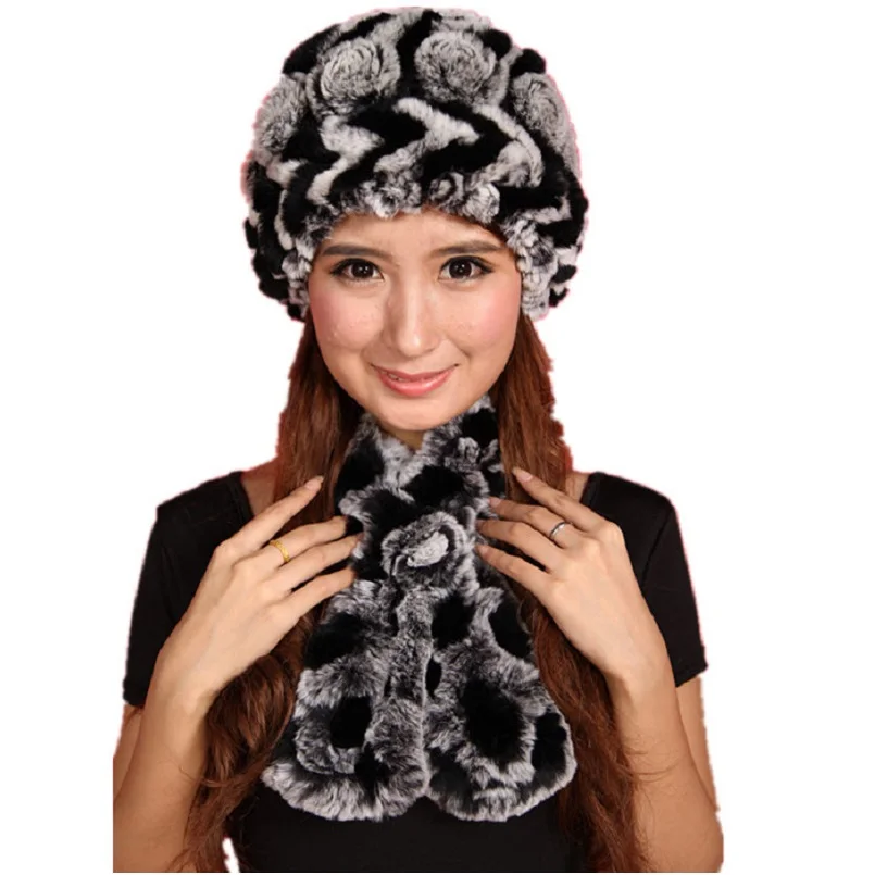 

luxury winter fur hat set Floral women's winter hat natural rex rabbit fur scarf, soft hand knitted warm autumn fur beanie H311