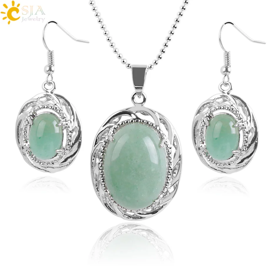 CSJA Natural Stone Bridal Party Jewelry Set for Women Dangle Earrings Necklaces Set Collection Green Aventurine Pink Quartz E904