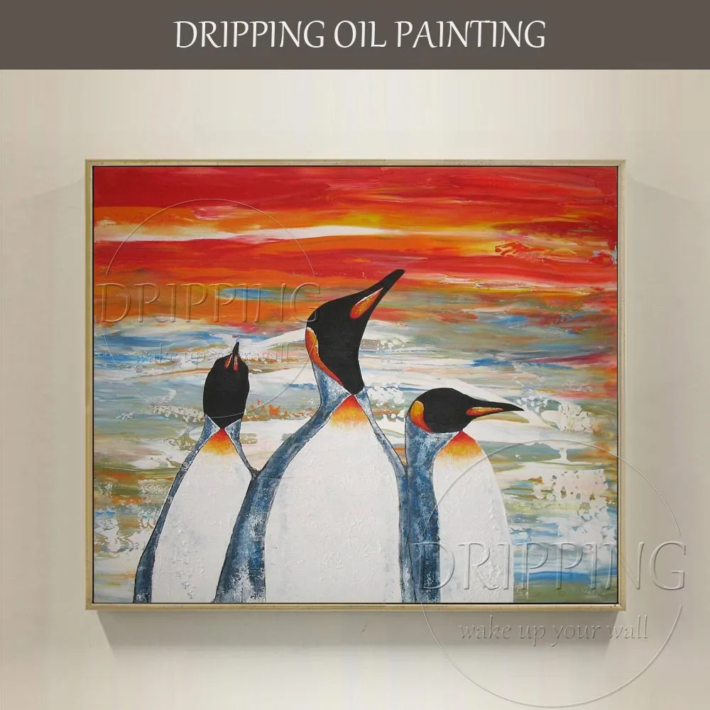 Artist Hand-painted Funny Animal Penguin Oil Painting on Canvas Lovely Animal Antarctica Penguin Oil Painting for Wall Art Decor