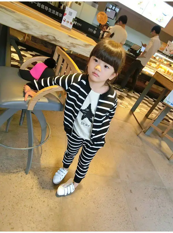 Girls Set Spring 2022 New Child Korean Wave Stripe Cardigan Coat + pants 2 pcs sets