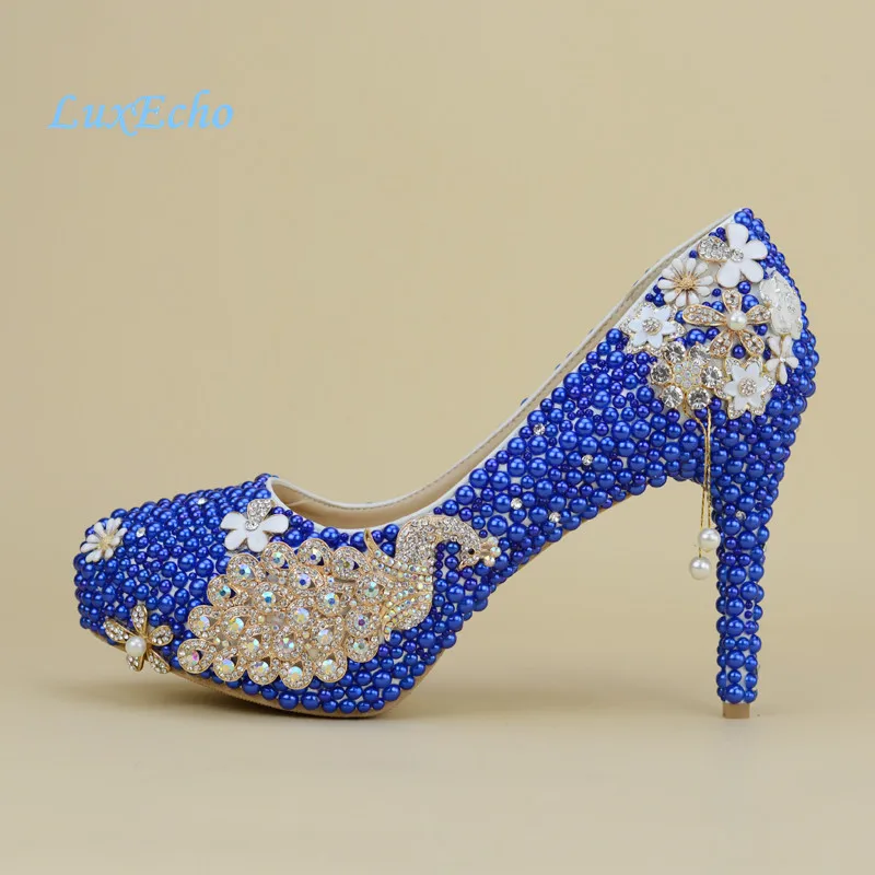 NEW Royal blue pearl wedding shoes and Bags SETS women\'s high heels platform shoes woman party Dress shoe with matching bag