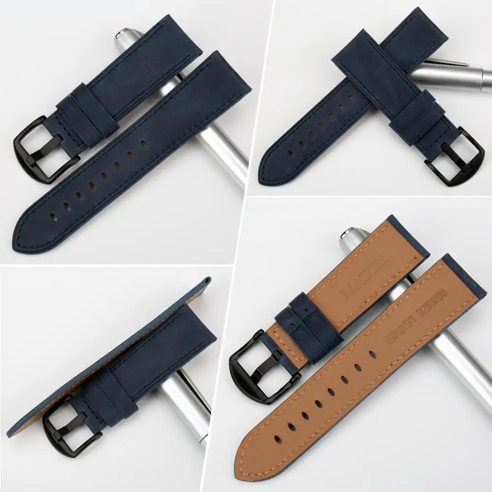 MAIKES Hight Quality Genuine Cow Leather Watch Strap Accessories Blue 22mm 24mm Men Women Business Watch Band