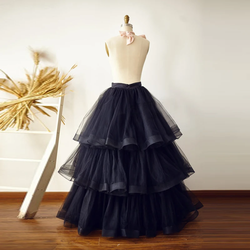 Chic bujne czarny Ruffles Tulle spódnice kobiety boże narodzenie Party spódnica wielowarstwowa piętro długość długa kobiet Maxi spódnica Zipper Saias na zamek błyskawiczny