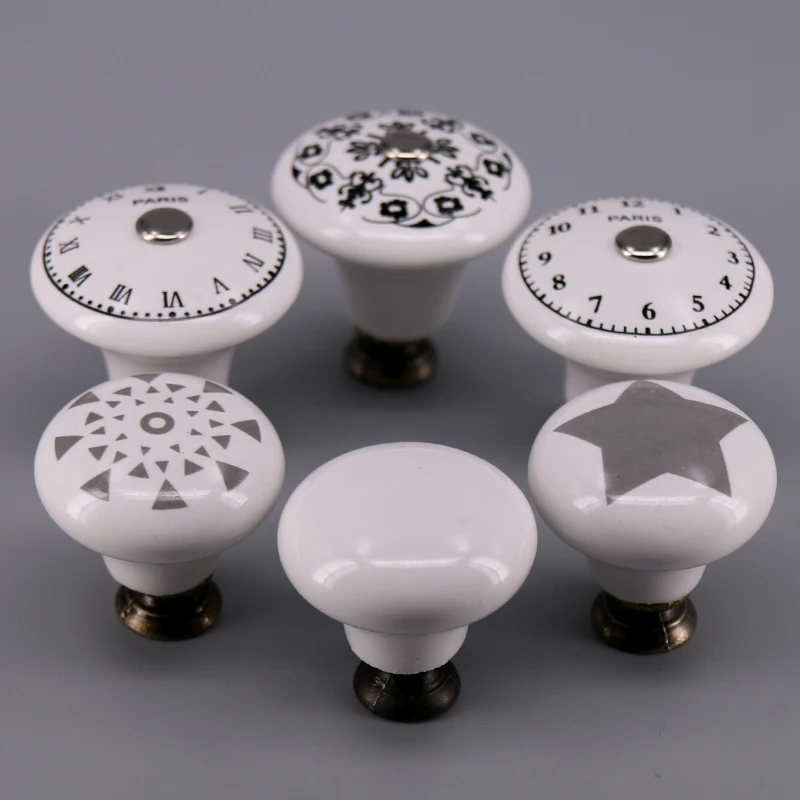 1x Pastoralism White Ceramic knob ,Star Flower Clock Print Kitchen Cabinet Cupboard Door knob and handles Kids Drawer Knob Pulls