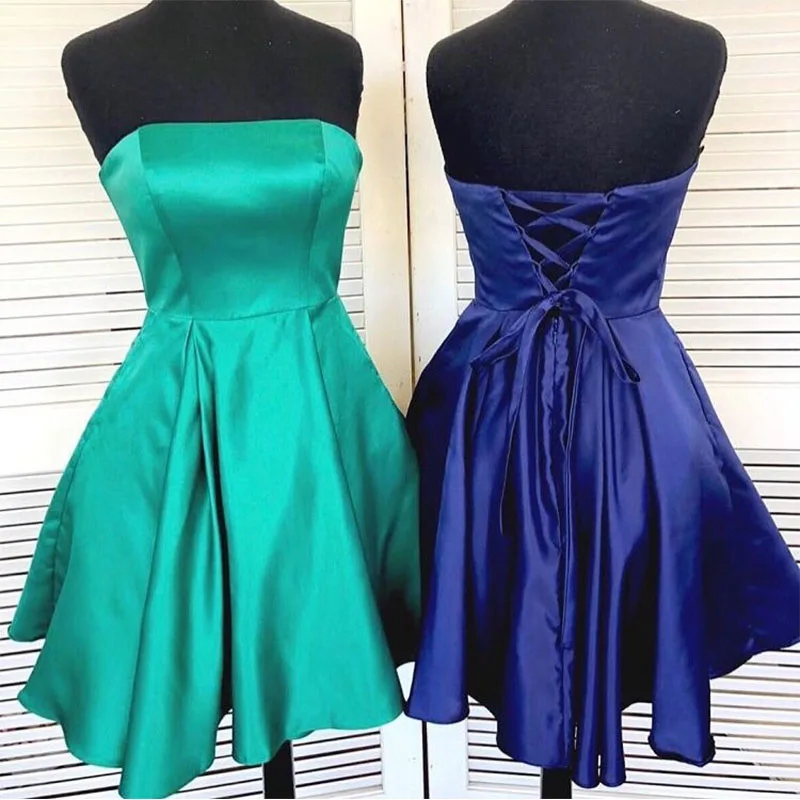 

Strapless Simple Short Cocktail Dresses Royal Blue Turquoise Homecoming Dress Satin Lace Up Back Mini Prom Gowns Abiye Vestidos