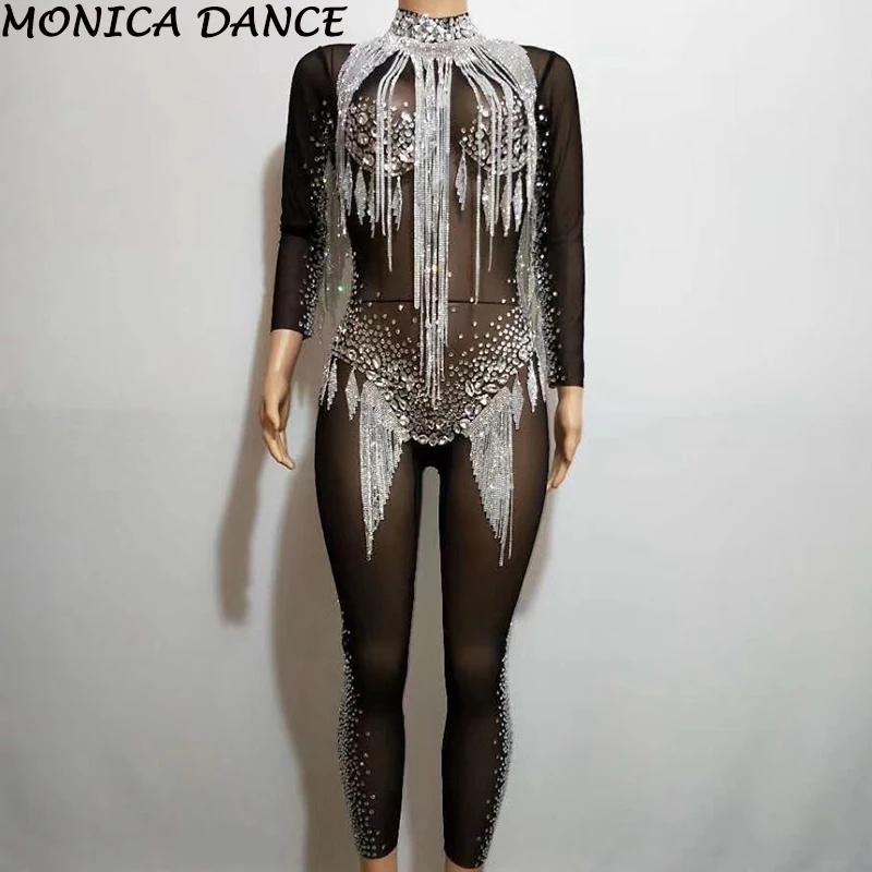 Crystals Black Mesh Jumpsuit Bright Silver Rhinestones Tassel Bodysuit Women\'s Celebrate Luxurious Costume See Through Jumpsuit