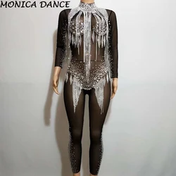 Crystals Black Mesh Jumpsuit Bright Silver Rhinestones Tassel Bodysuit Women's Celebrate Luxurious Costume See Through Jumpsuit