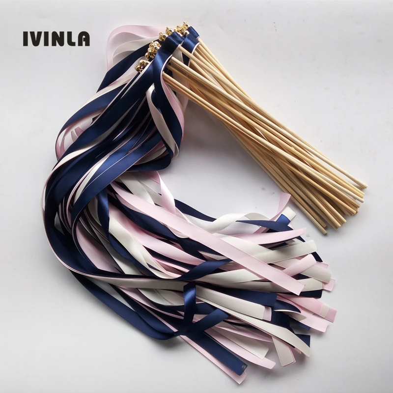 50pcs navy pink and grey wedding ribbon wands with sliver bell for wedding decoration