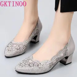 GKTINOO 2024 Summer Fashion Hollow Out Genuine Leather Pumps Women Shoes Med Heels Square Heel Mesh Ladies Office Shoes Crystal