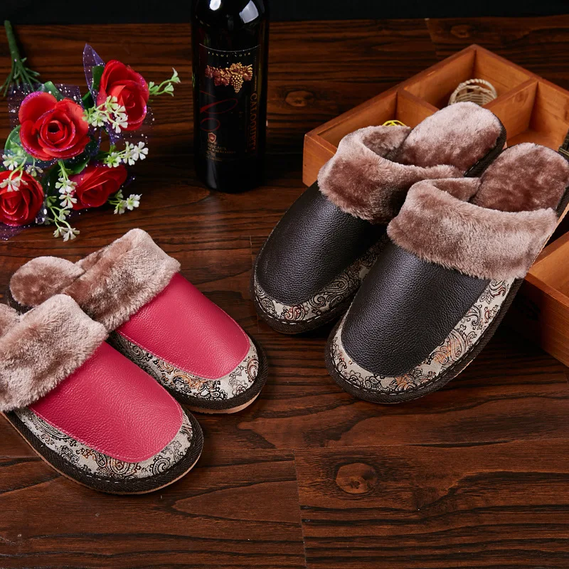 Mntrerm 2020 New Genuine Leather Home Slippers High Quality Winter Women Slipper Plush Warm Indoor Shoes Lovers Leather Slippers