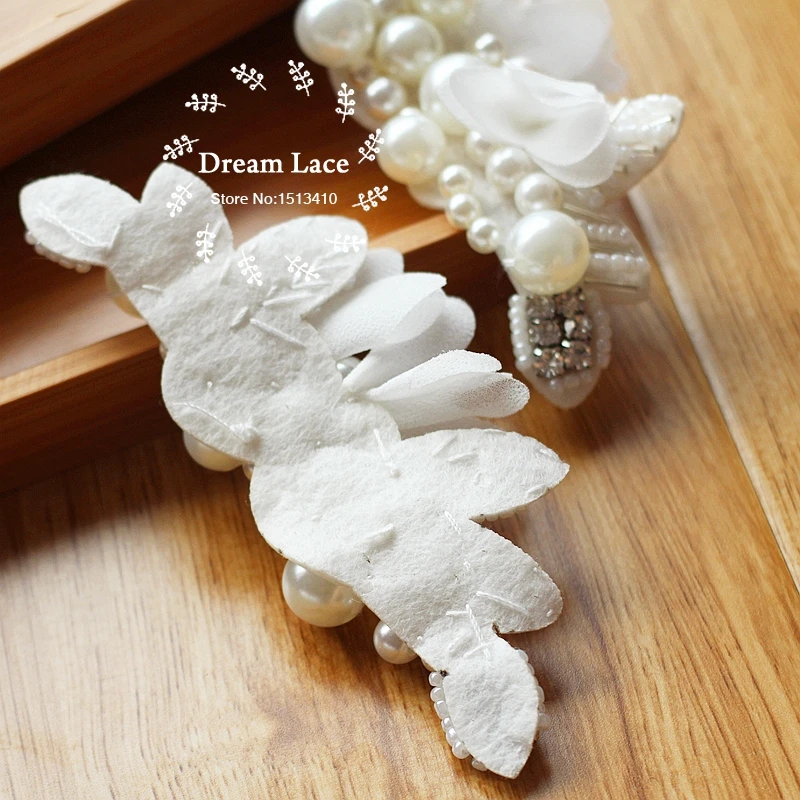 Patches 2 Pcs Pearl Beaded Applique Chiffon Leaves Corsage Collar Patch For Wedding Dress Shoulder Flowers Applique Patches