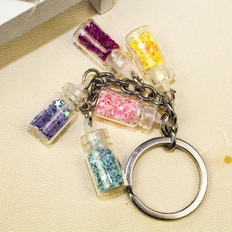 Cute Girls Drifting Bottle Bling Bling Stars Keychain For Women Bottle Charms Key Chains On Bags Trinket Jewelry Party Gifts