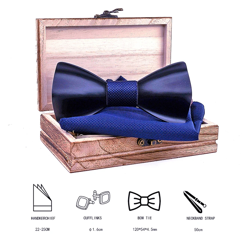 Black Mens Wood Bow tie Handkerchief Sets Marriage Groom Wooden BowTie Bowknots Wedding Party Neck Ties For Men