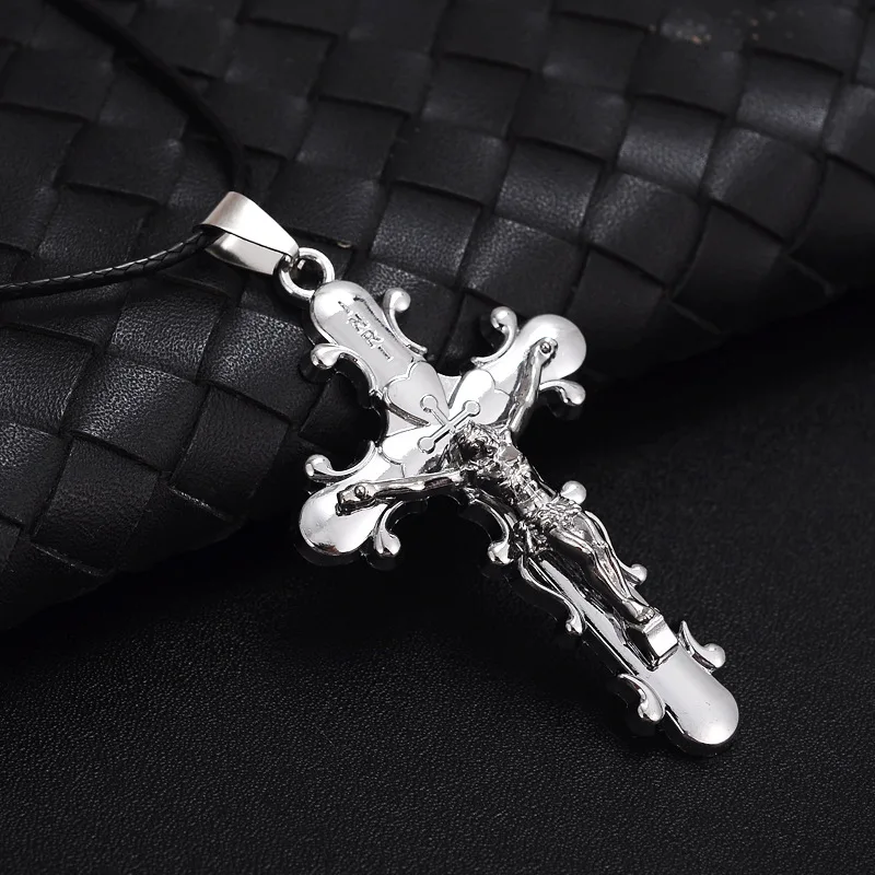 HC Hot Sale Trendy Men Jewelry Jesus Cross Pendant Men Necklace Metal Statement Silvery Brass Gun Black Necklace Dropshipping F