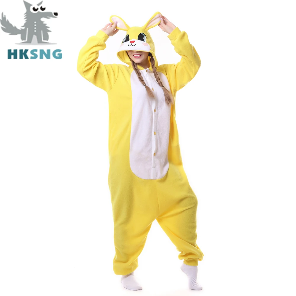 HKSNG New Adult Pajamas Animal Yellow Bunny Rabbit Onesie Kigurumi Pijamas Cartoon Costumes Jumpsuits Halloween Christmas Gift
