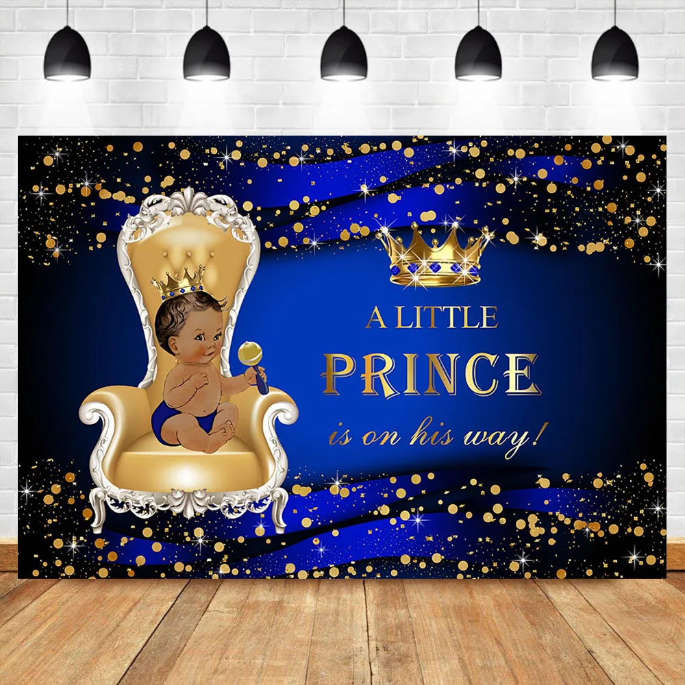  Prince Baby Shower Backdrop Royal Blue Gold King Chair Crown Photo Background Glitter Dots Ethnic Baby BoyBackdrops