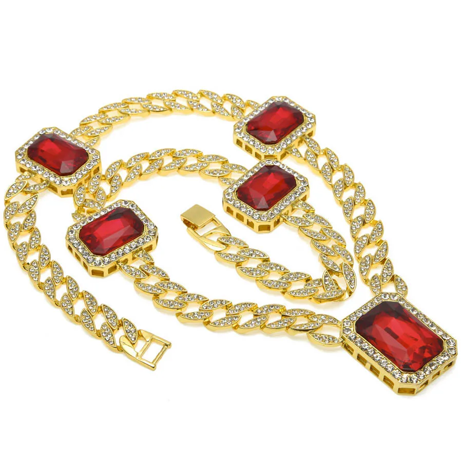 

Hip Hop Bling Iced Out Fully Diamante CZ Necklaces Punk Exaggerated Cool Jewelry Men Big Red Stone Miami Cuban Link T-Show Chain