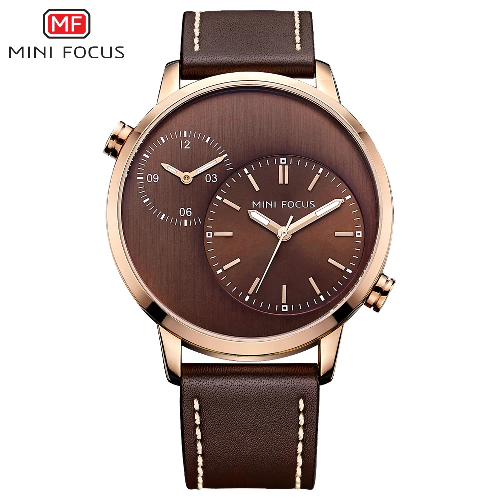 MINI FOCUS Men Watches Fashion Casual Man Watch Top Brand Luxury Genuine Leather Busines 2 Time Zone Quartz-Watch Men Wristwatch