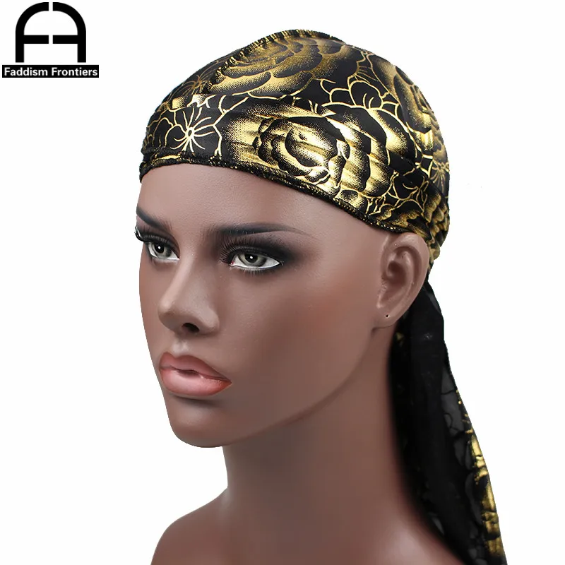Benutzerdefinierte männer Druck Seidig Durags Turban Hut Bandanas Headwear Rose Gedruckt Männer Seide Durag Langen Riemen Wellen Haar Zubehör – Detail 2