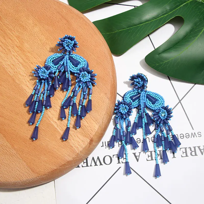 Flatfoosie Handmade Big Tassel Drop Earrings For Women Bohemian Vinatge Colorful Beaded Fringed Statement Dangle Earring Jewelry