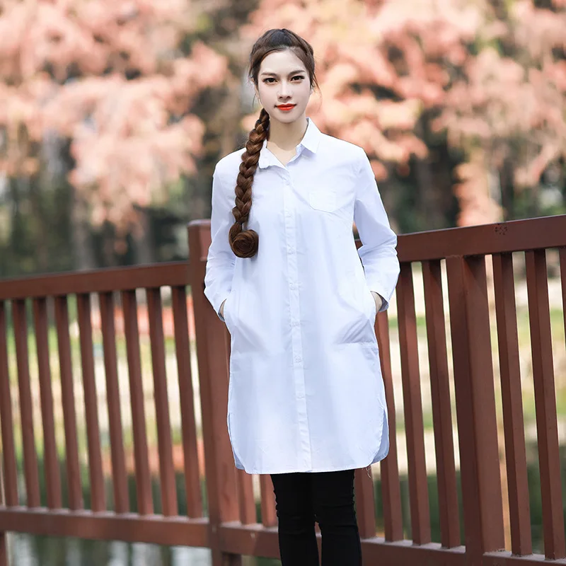 Long Shirt Women 2019 Autumn Long Sleeve Turn Down Collar Tops With Pocket Female Basic Large Plus Size Blousedress White Blouse