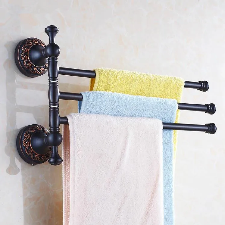 Vidric Towel Racks 3 Rails Swivel 35cm Black Brass Towel Bars Hanger Towel Holder Wall Mounted Bathroom Accessories Towel Shelf