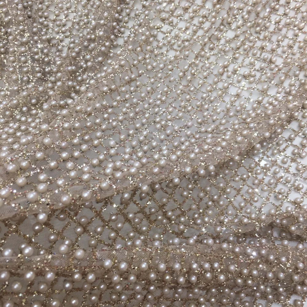 1 Yard 10 Thousand Beads Champagne Gold/Beige/Red/Green Grid Tulle Lace Fabrics For Fashion Lady Dress Lace Beads Put One By One